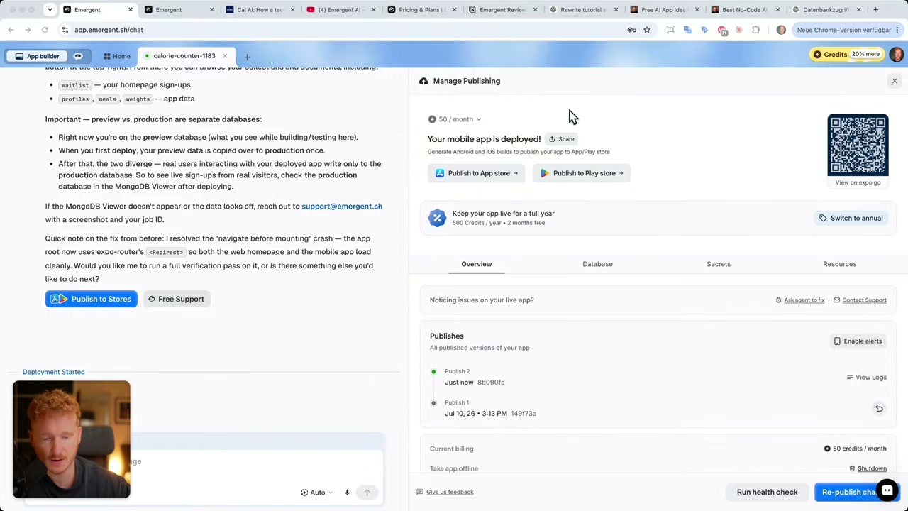O painel Manage Publishing do Emergent com o app publicado, o botão Share e o QR code
