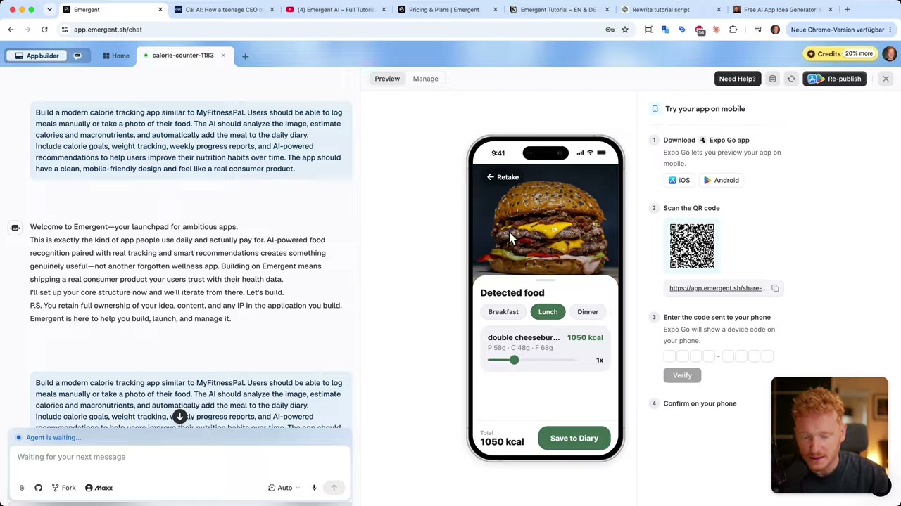 O app de calorias identifica um cheeseburger duplo na foto e estima 1.050 kcal