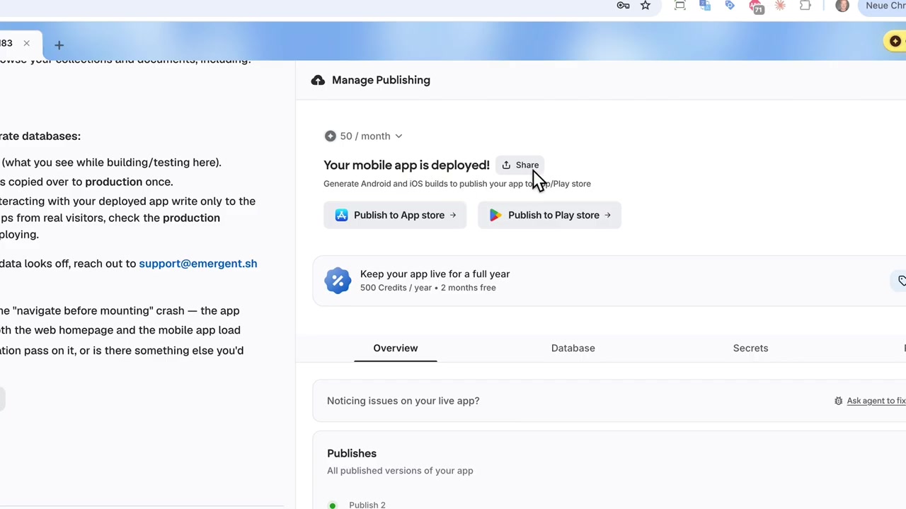 El panel Manage Publishing de Emergent con el aviso de que la app móvil está publicada y el botón Share