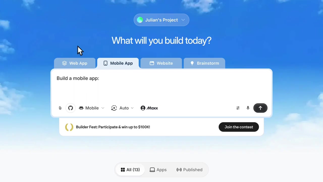 El panel de Emergent con el cuadro de prompt y las pestañas Web App, Mobile App y Website