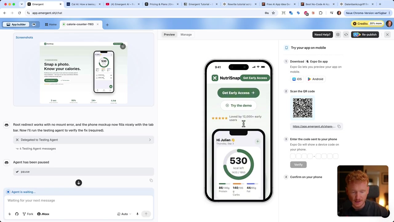 La página de inicio de NutriSnap creada por Emergent, en la vista móvil